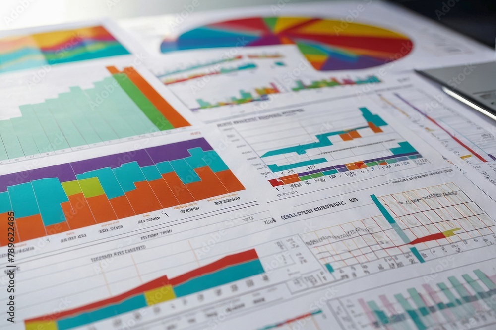 Colorful charts and graphs on white table background for data analysis and presentation. Colorful charts and graphs on white table background for data analysis and presentation.