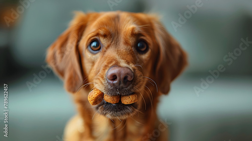 Red young dog holding a treat in mouth. Close-up portrait with blurred background. Dog training concept on light green background with space for text
