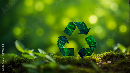Small recycle symbol on a green nature background