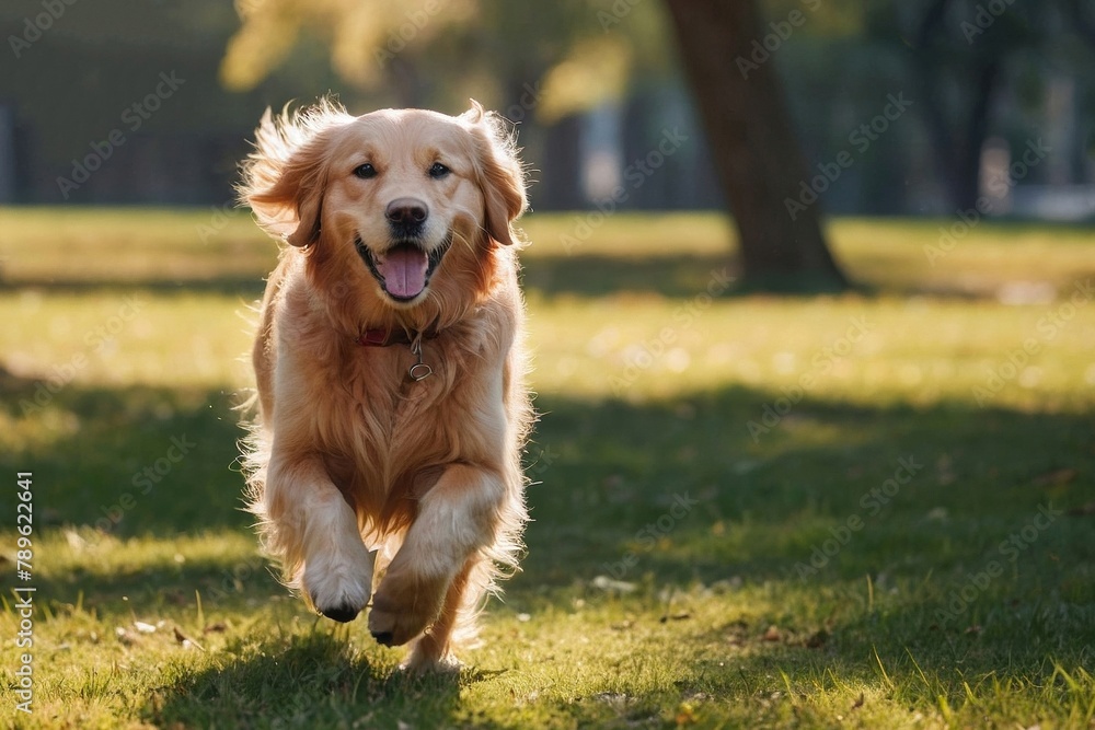 Adorable Golden Retriever enjoying a playful run in the park under the warm sun Adorable Golden Retriever enjoying a playful run in the park under the warm sun