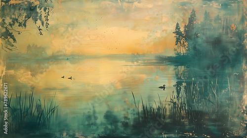 A painted lake in morning mist under soft dawn light, adorned with drifting ducks, serene and tranquil, a picturesque start to the day