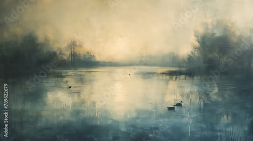 A misty lake at dawn, bathed in soft morning hues, where ducks glide peacefully, embodying tranquility and the serenity of early dawn photo