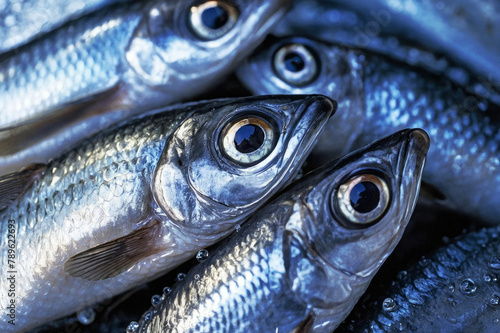 A bunch of fish with their eyes open. The fish are silver and blue. The fish are stacked on top of each other in supermarket
