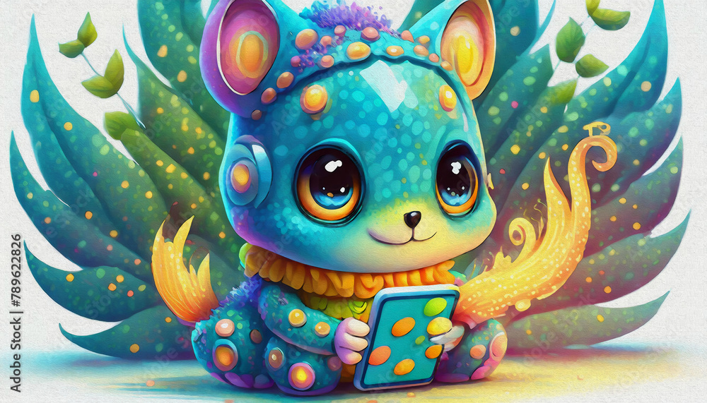 oil painting style CARTOON CHARACTER CUTE BABY robot hold a cell phone with flames oil painting style CARTOON CHARACTER CUTE BABY robot hold a cell phone with flames