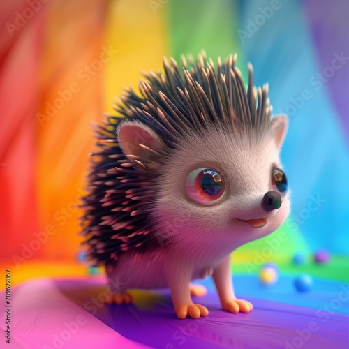 3d cartoon hedgehog on a rainbow background.