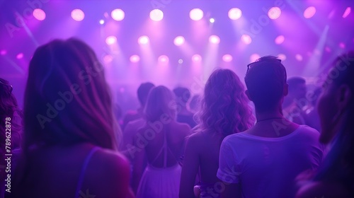 Vibrant Nightlife: Dance Floor Under Purple Hues. Concept Nightlife Scene, Dance Floor Photography, Purple Lighting Effects, Vibrant Club Atmosphere, Energetic Dancers