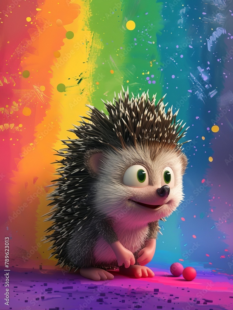 3d cartoon hedgehog on a rainbow background. 3d cartoon hedgehog on a rainbow background.