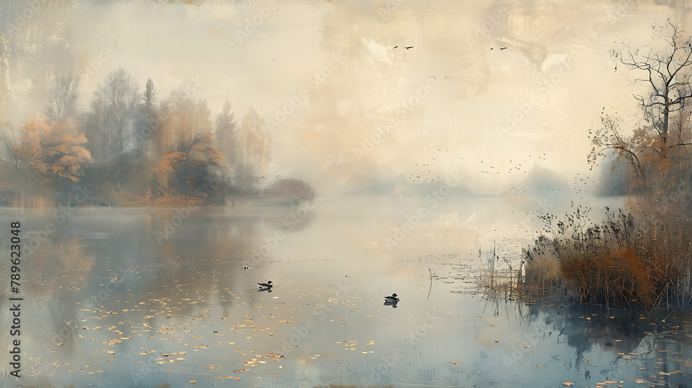 Fototapeta premium A painted lake shrouded in morning mist under the soft glow of dawn, accompanied by drifting ducks
