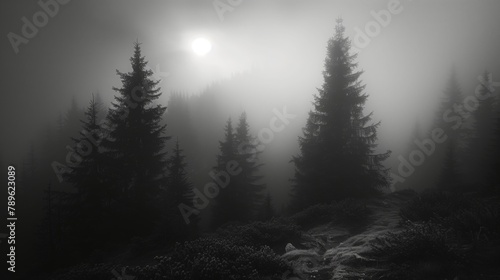 A monochrome image of a foggy forest with sunlight filtering through the trees © Валерія Ігнатенко