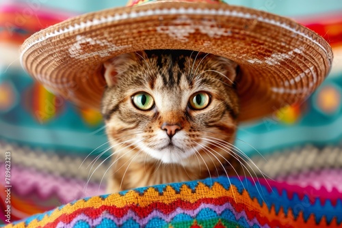 Mexican cat in sombrero. Festive mexican cat. Cat in sombrero. Mexican sombrero. Horizontal banking poster background for advertisement. Cinco de mayo holiday. Mexico independence.