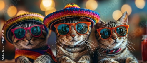 Festive mexican cat. Cat in sombrero. Mexican cat in sombrero. Mexican sombrero. Mexico independence. Cinco de mayo holiday. © Anastasia