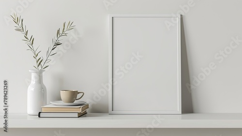 a blank picture frame resting on a shelf, accompanied by a vase of olive branches and a coffee cup, against a white wall bathed in natural light.