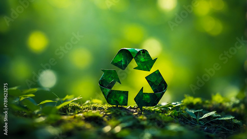 Small recycle symbol on a green nature background