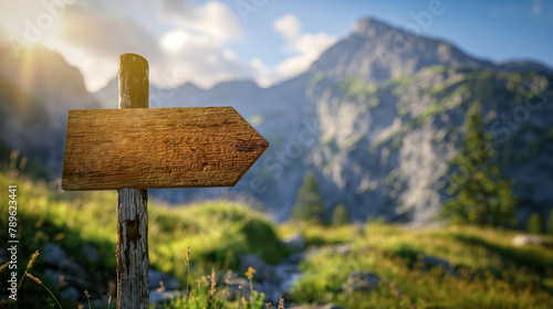 Rustic Wooden Hiking Trail Arrow Signpost with Mountainous Background photo