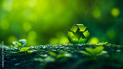 Small recycle symbol on a green nature background