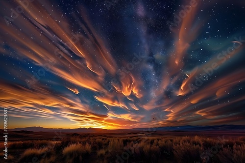 : Starry night sky fading into a spectacular sunrise with wispy clouds. #789623637