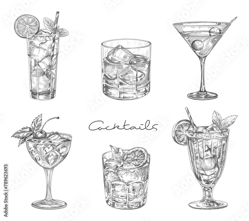 Hand drawn cocktail. Alcoholic drinks in glasses. Sketch juice, margarita martini. Cocktail with rum, gin whiskey vector set.