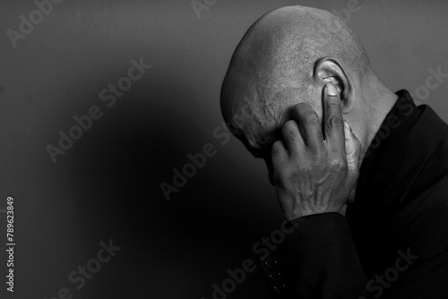 deaf man suffering from deafness and hearing loss on grey black background with people stock image stock photo	