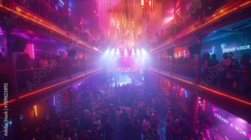 Dynamic Beats: A Nightclub Alive with Rhythm & Neon Lights. Concept Nightclub Scene, Neon Lights, Groovy Tunes, Dancefloor Vibes, Electro Beat