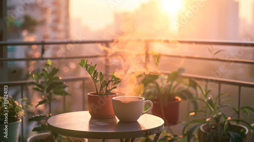 Hot coffee on outdoor table during sunrise