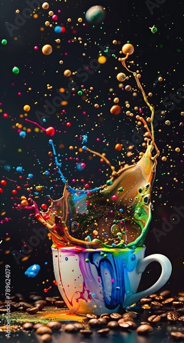 A dynamic explosion of paint splashes erupting from a coffee cup against a dark backdrop