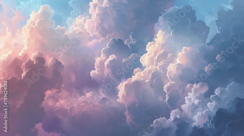 A beautiful sky with pink, blue, and violet clouds. photo