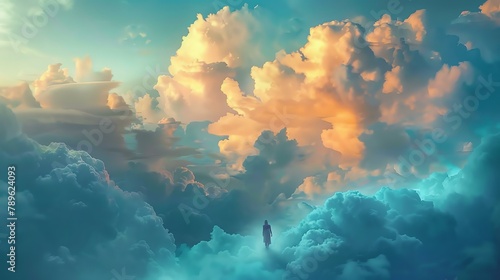 Lost in the clouds. A woman standing alone in a vast sea of clouds. She is surrounded by beauty, but she is also isolated and alone. photo