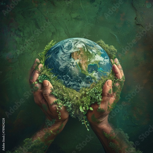 Detailed image of hands with diverse skin tones holding a globe wrapped in lush green plants, depicting unity and earthly care
