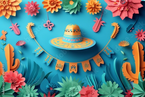 Cinco de mayo fiesta. Cinco de mayo food, mexican sombrero. Mexico independence. Mexican colorful paper cut. Cinco de mayo holiday. Cinco de mayo bunting flags