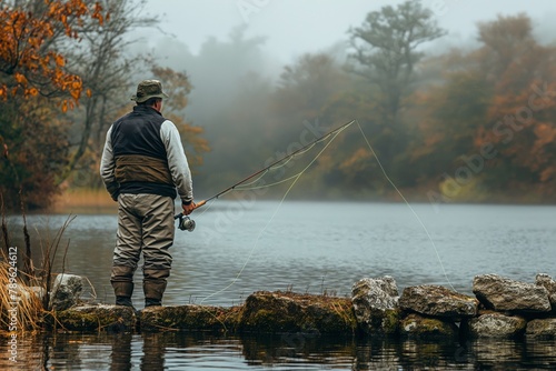 A fisherman in high boots and fishing clothes stands with a fishing rod by the river. There is dense vegetation along the coast photo