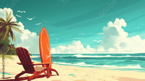 Serene Beach and Surfboard with Seagulls and Palm Trees © Blue_Utilities