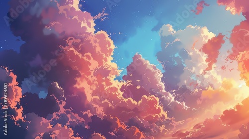 A beautiful sunset sky with pink  blue  and orange clouds. The sky is full of clouds and the sun is setting in the background.