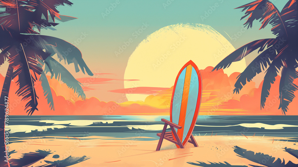 Sunset at Secluded Beach with Surfboard and Palms