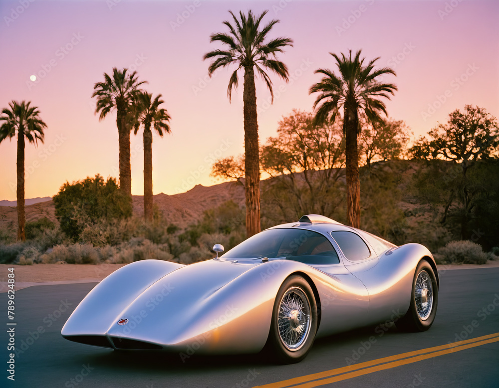 Silver Sports Car on Desert Road at Sunset with Palm Trees