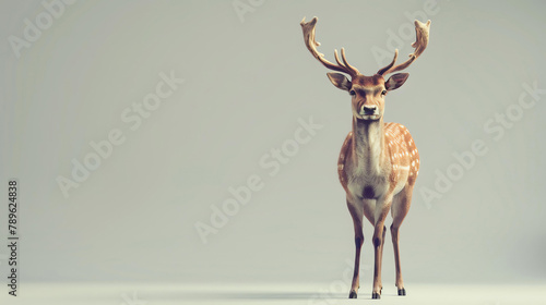 A majestic deer stands in the middle of a field, its antlers proudly displayed. The deer is looking at the camera with a curious expression.