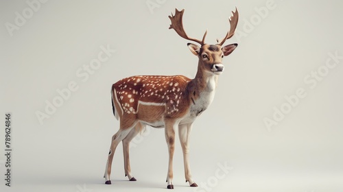 A majestic deer stands in the field  its antlers proudly displayed. The sun shines on its dappled coat  making it glow.