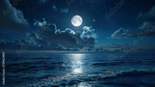 Serene night seascape with a full moon shining over calm ocean waters. Nature and tranquility concept with copy space