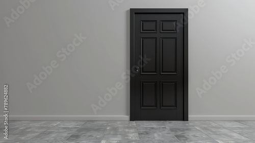 The image is of a black door in a white wall. The floor is made of gray tiles. The door is closed and there is no handle or doorknob visible. photo