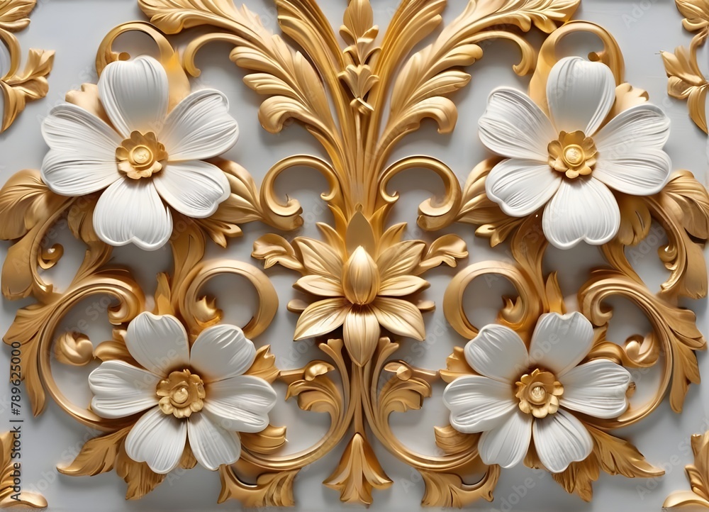 Illuminate a plaster wall with an elegant decorative texture, adorned with voluminous floral motifs and shimmering golden waves, subtle golden flowers, modern luxury wall, abstract floral background Illuminate a plaster wall with an elegant decorative texture, adorned with voluminous floral motifs and shimmering golden waves, subtle golden flowers, modern luxury wall, abstract floral background