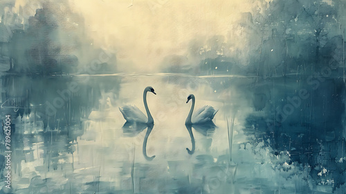Fototapeta Naklejka Na Ścianę i Meble -  A painted lake with two swans in morning mist under the first light of dawn