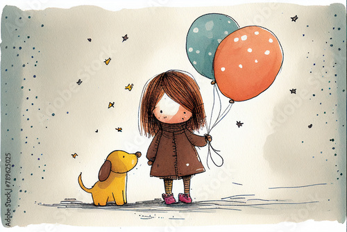 Little girl with balloons and pet. AI generated.