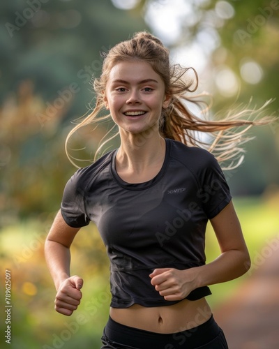 Young blond Woman during training outdoors in autumn Scandinavian forest
