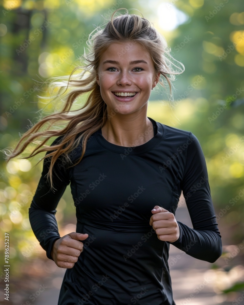 Young blond Woman during training outdoors in autumn Scandinavian forest Young blond Woman during training outdoors in autumn Scandinavian forest