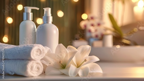Frosted glass cosmetic bottles with pump on bathroom counter with rolled towels and white flowers