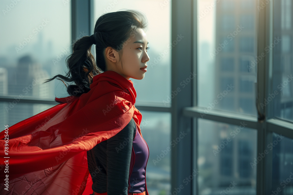East Asian Businesswoman wearing superhero cape, looking out window, office building