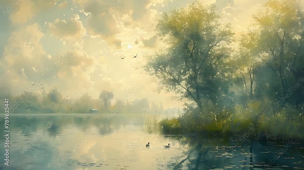 Watercolor depiction of tranquil lakeside scene at dawn. Trees line the shore under the soft glow of the first morning light, shrouded in serene morning mist Watercolor depiction of tranquil lakeside scene at dawn. Trees line the shore under the soft glow of the first morning light, shrouded in serene morning mist
