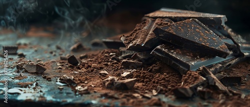 Wallpaper Mural Moody Shot  Genre Chocolate  Scene Dark chocolate pieces with cocoa powder, shot in a moody, dark setting  Emotion Intense  Lighting Low key, dramatic  Time Any  Location Type Chocolatier Torontodigital.ca