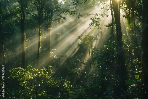   Sunbeams filtering through a dense forest canopy creating a dappled sunrise.