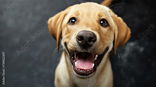 Close-up portrait of a happy young Labrador Retriever puppy with its mouth open and looking up at the camera.