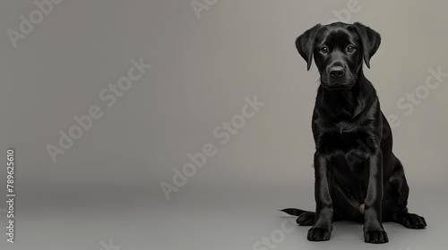 A studio shot of an adorable black Labrador Retriever puppy sitting on a seamless gray background.